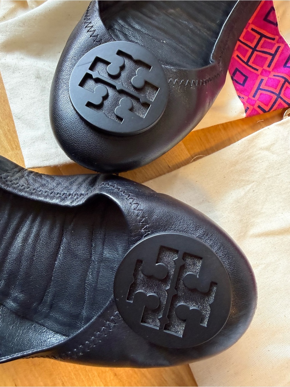 Tory Burch Black Leather Logo Ballet Flats